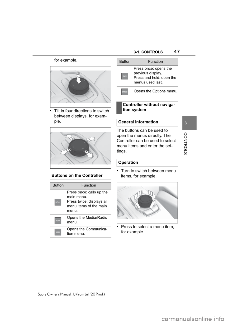 TOYOTA SUPRA 2021   (in English) Service Manual 473-1. CONTROLS
3
CONTROLS
Supra Owners Manual_U (from Jul. 20 Prod.)
for example.
• Tilt in four directions to switch  between displays, for exam-
ple.
The buttons can be used to 
open the menus 