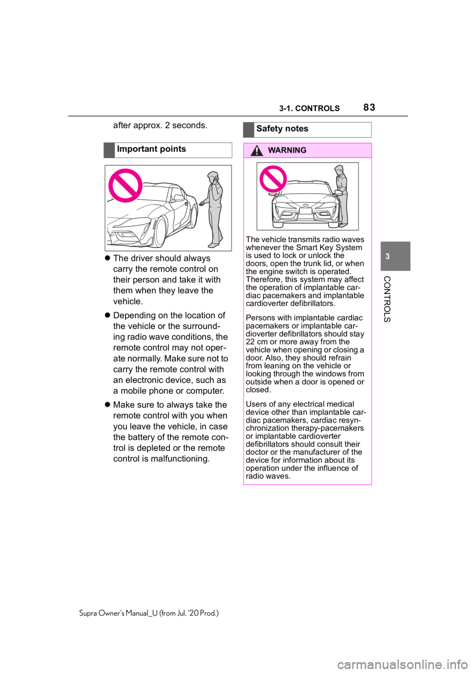 TOYOTA SUPRA 2021 (in English) Manual Online 833-1. CONTROLS
3
CONTROLS
Supra Owners Manual_U (from Jul. 20 Prod.)
after approx. 2 seconds.
The driver should always
carry the remote control on
their person and take it with
them when the TOYOTA SUPRA 2021 (in English) Manual Online 833-1. CONTROLS
3
CONTROLS
Supra Owners Manual_U (from Jul. 20 Prod.)
after approx. 2 seconds.
The driver should always
carry the remote control on
their person and take it with
them when the