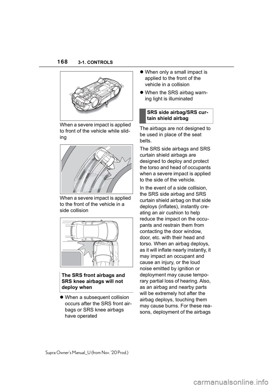 TOYOTA SUPRA 2021  Owners Manual (in English) 1683-1. CONTROLS
Supra Owners Manual_U (from Nov. 20 Prod.)
When a severe impact is applied 
to front of the vehicle while slid-
ing
When a severe impact is applied 
to the front of the vehicle in a