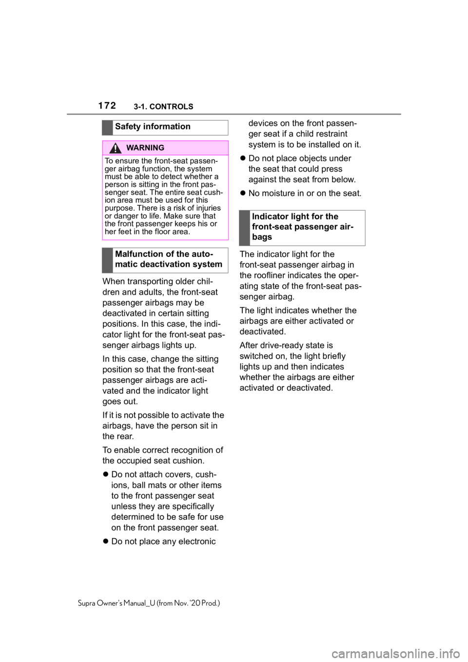TOYOTA SUPRA 2021  Owners Manual (in English) 1723-1. CONTROLS
Supra Owners Manual_U (from Nov. 20 Prod.)
When transporting older chil-
dren and adults, the front-seat 
passenger airbags may be 
deactivated in certain sitting 
positions. In thi