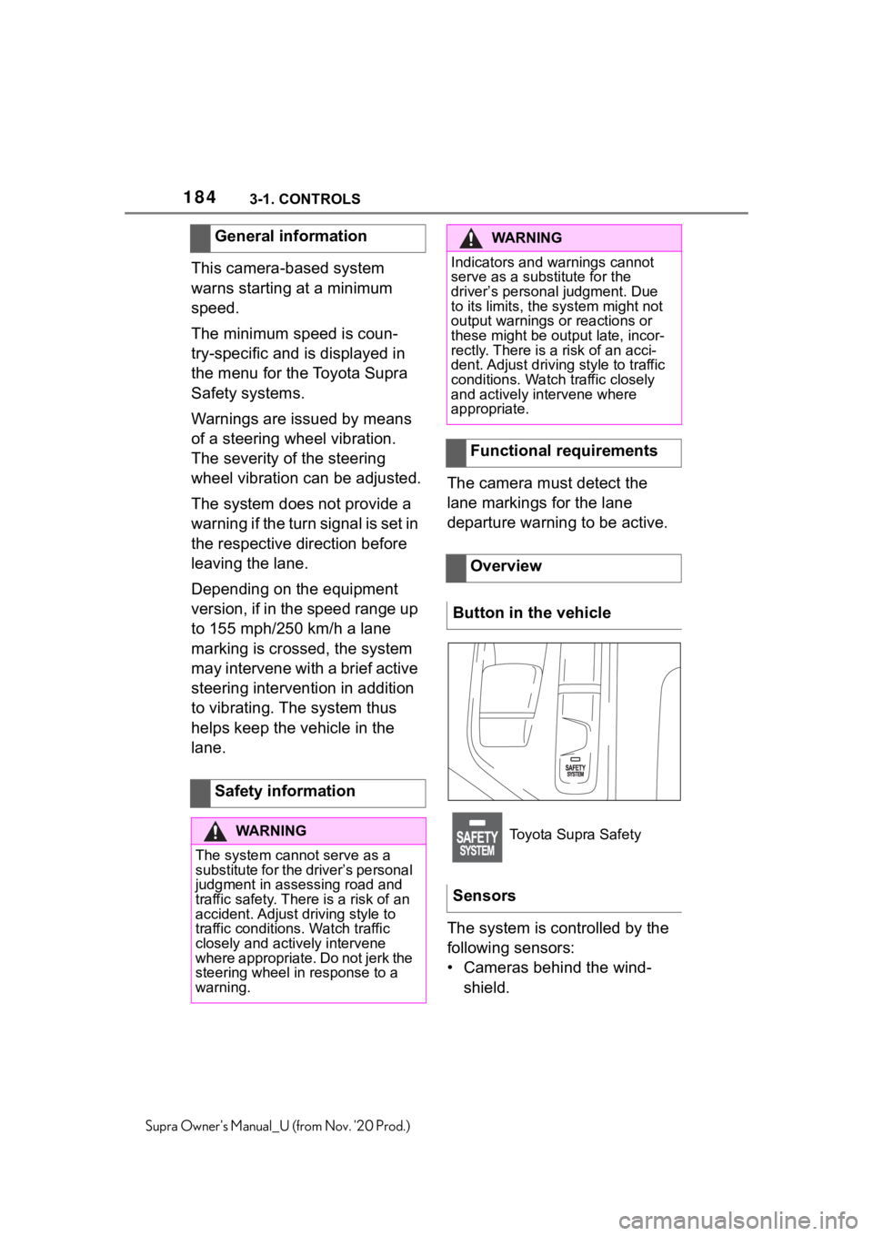 TOYOTA SUPRA 2021  Owners Manual (in English) 1843-1. CONTROLS
Supra Owners Manual_U (from Nov. 20 Prod.)
This camera-based system 
warns starting at a minimum 
speed.
The minimum speed is coun-
try-specific and is displayed in 
the menu for th TOYOTA SUPRA 2021  Owners Manual (in English) 1843-1. CONTROLS
Supra Owners Manual_U (from Nov. 20 Prod.)
This camera-based system 
warns starting at a minimum 
speed.
The minimum speed is coun-
try-specific and is displayed in 
the menu for th