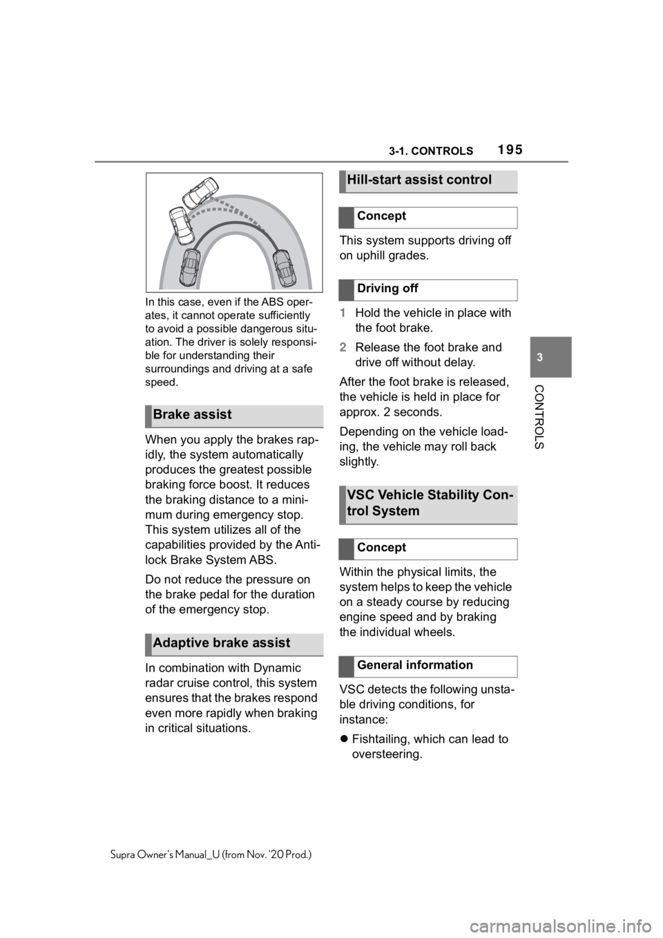 TOYOTA SUPRA 2021  Owners Manual (in English) 1953-1. CONTROLS
3
CONTROLS
Supra Owners Manual_U (from Nov. 20 Prod.)In this case, even if the ABS oper-
ates, it cannot operate sufficiently 
to avoid a possible dangerous situ-
ation. The driver 