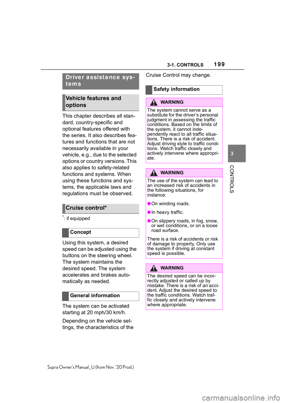 TOYOTA SUPRA 2021  Owners Manual (in English) 1993-1. CONTROLS
3
CONTROLS
Supra Owners Manual_U (from Nov. 20 Prod.)
This chapter describes all stan-
dard, country-specific and 
optional features offered with 
the series. It also describes fea-