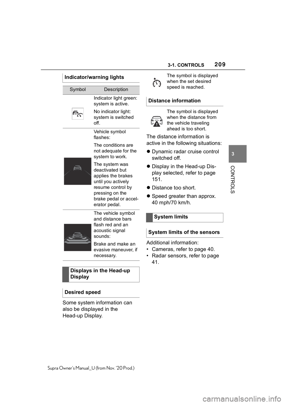 TOYOTA SUPRA 2021  Owners Manual (in English) 2093-1. CONTROLS
3
CONTROLS
Supra Owners Manual_U (from Nov. 20 Prod.)
Some system information can 
also be displayed in the 
Head-up Display.The distance information is 
active in the following sit TOYOTA SUPRA 2021  Owners Manual (in English) 2093-1. CONTROLS
3
CONTROLS
Supra Owners Manual_U (from Nov. 20 Prod.)
Some system information can 
also be displayed in the 
Head-up Display.The distance information is 
active in the following sit