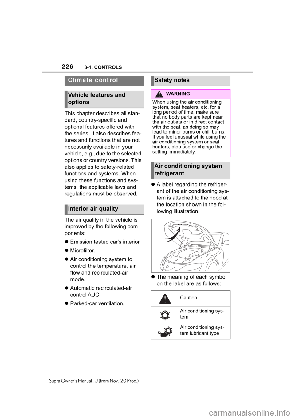 TOYOTA SUPRA 2021  Owners Manual (in English) 2263-1. CONTROLS
Supra Owners Manual_U (from Nov. 20 Prod.)
This chapter describes all stan-
dard, country-specific and 
optional features offered with 
the series. It also describes fea-
tures and 