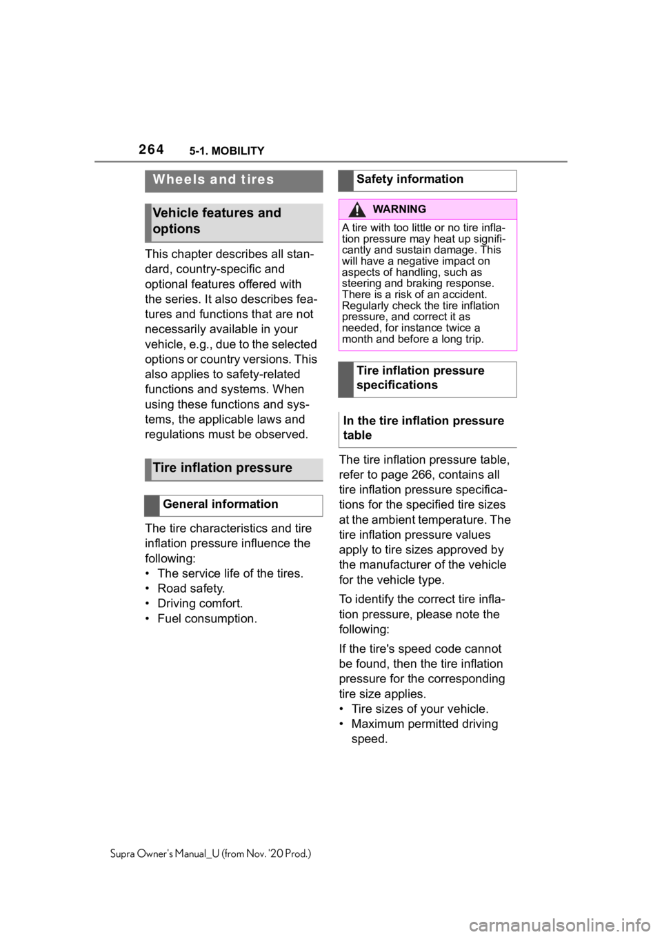 TOYOTA SUPRA 2021  Owners Manual (in English) 2645-1. MOBILITY
Supra Owners Manual_U (from Nov. 20 Prod.)
This chapter describes all stan-
dard, country-specific and 
optional features offered with 
the series. It also describes fea-
tures and 