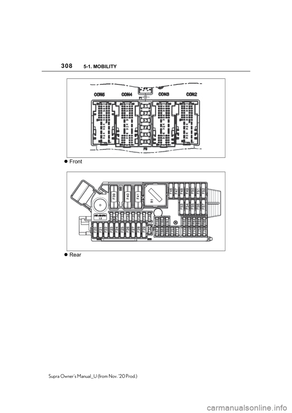 TOYOTA SUPRA 2021 Owners Manual (in English) 3085-1. MOBILITY
Supra Owners Manual_U (from Nov. 20 Prod.)
Front
Rear TOYOTA SUPRA 2021 Owners Manual (in English) 3085-1. MOBILITY
Supra Owners Manual_U (from Nov. 20 Prod.)
Front
Rear