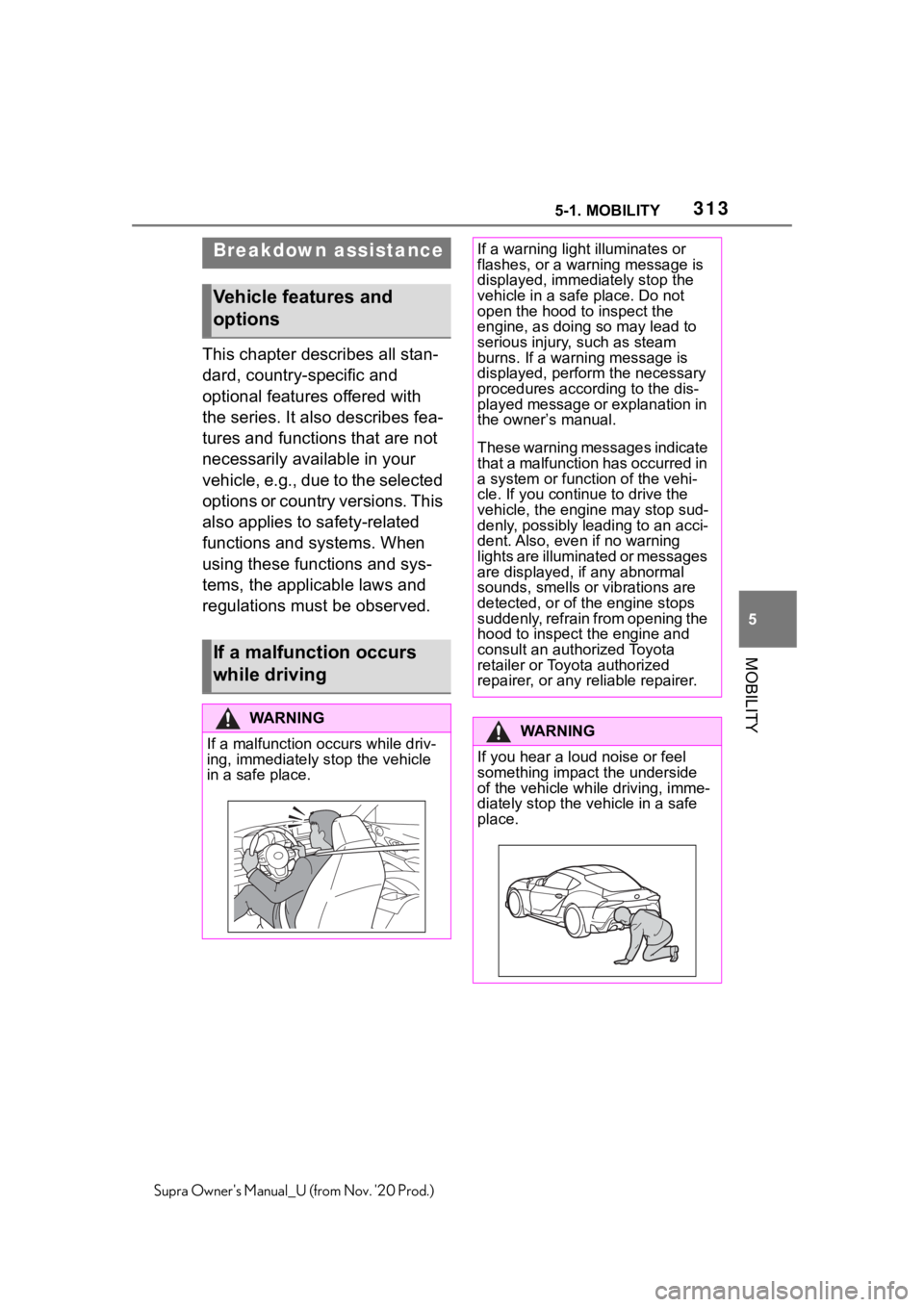 TOYOTA SUPRA 2021  Owners Manual (in English) 3135-1. MOBILITY
5
MOBILITY
Supra Owners Manual_U (from Nov. 20 Prod.)
This chapter describes all stan-
dard, country-specific and 
optional features offered with 
the series. It also describes fea-
