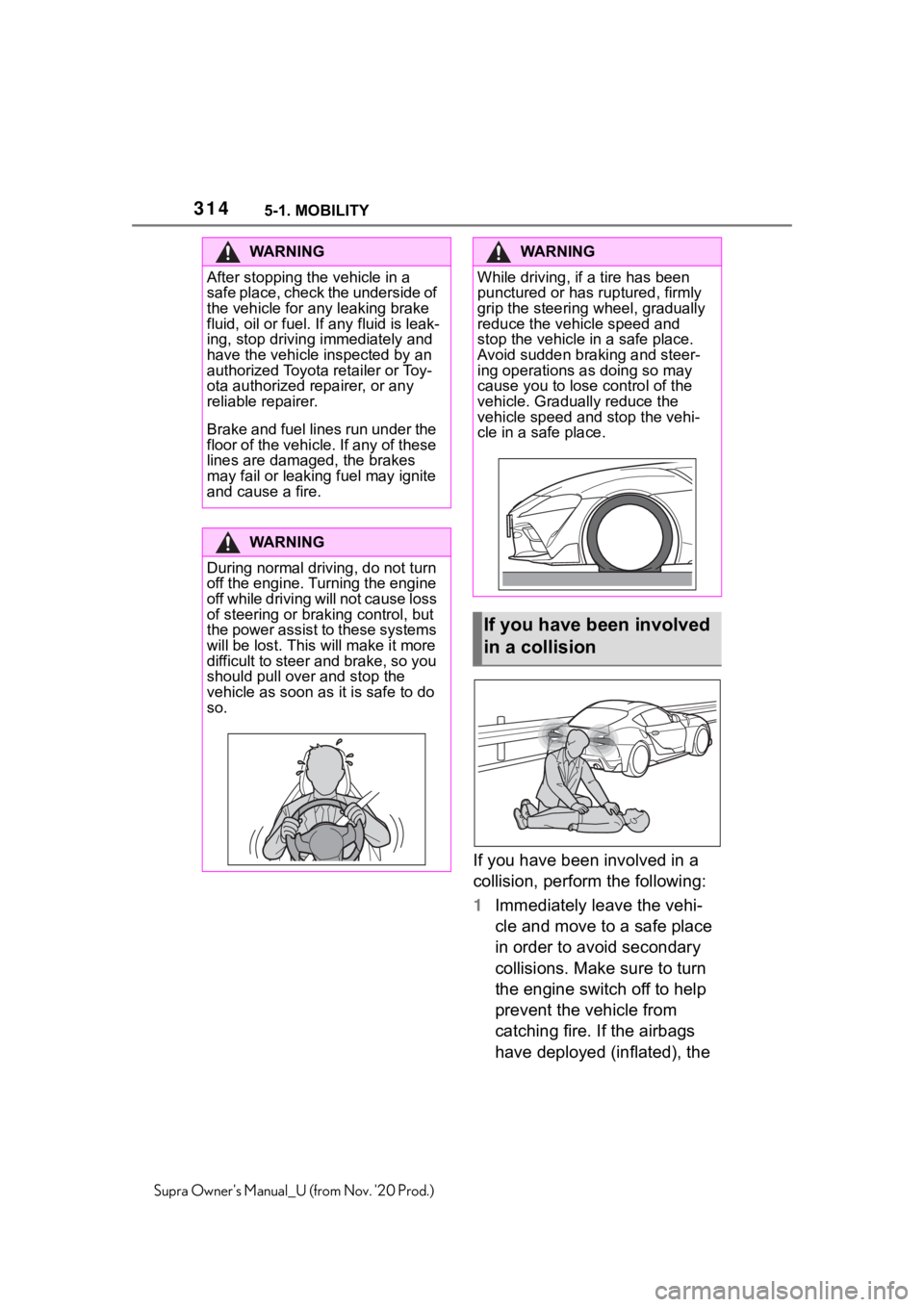 TOYOTA SUPRA 2021  Owners Manual (in English) 3145-1. MOBILITY
Supra Owners Manual_U (from Nov. 20 Prod.)
If you have been involved in a 
collision, perform the following:
1Immediately leave the vehi-
cle and move to a safe place 
in order to a