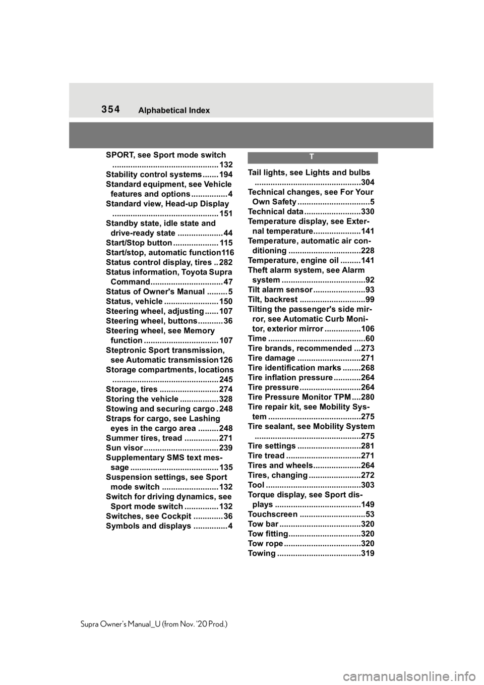 TOYOTA SUPRA 2021 Owners Manual (in English) 354Alphabetical Index
Supra Owners Manual_U (from Nov. 20 Prod.)SPORT, see Sport mode switch
............................................... 132
Stability control systems ....... 194
Standard equipm TOYOTA SUPRA 2021 Owners Manual (in English) 354Alphabetical Index
Supra Owners Manual_U (from Nov. 20 Prod.)SPORT, see Sport mode switch
............................................... 132
Stability control systems ....... 194
Standard equipm