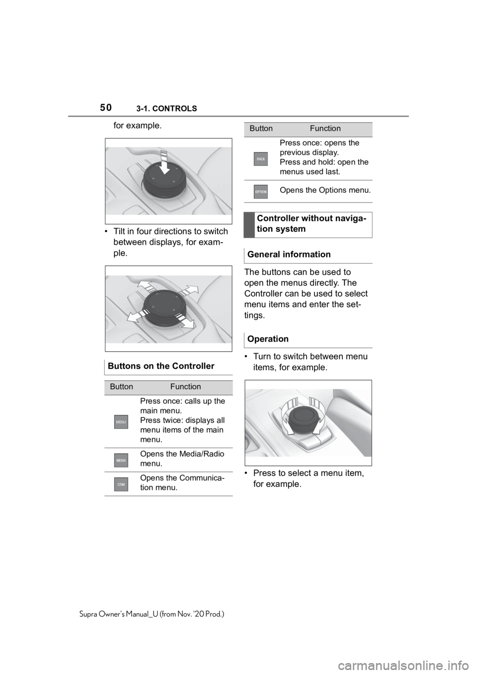 TOYOTA SUPRA 2021 (in English) Service Manual 503-1. CONTROLS
Supra Owners Manual_U (from Nov. 20 Prod.)
for example.
• Tilt in four directions to switch
between displays, for exam-
ple.
The buttons can be used to
open the menus directly. T TOYOTA SUPRA 2021 (in English) Service Manual 503-1. CONTROLS
Supra Owners Manual_U (from Nov. 20 Prod.)
for example.
• Tilt in four directions to switch
between displays, for exam-
ple.
The buttons can be used to
open the menus directly. T