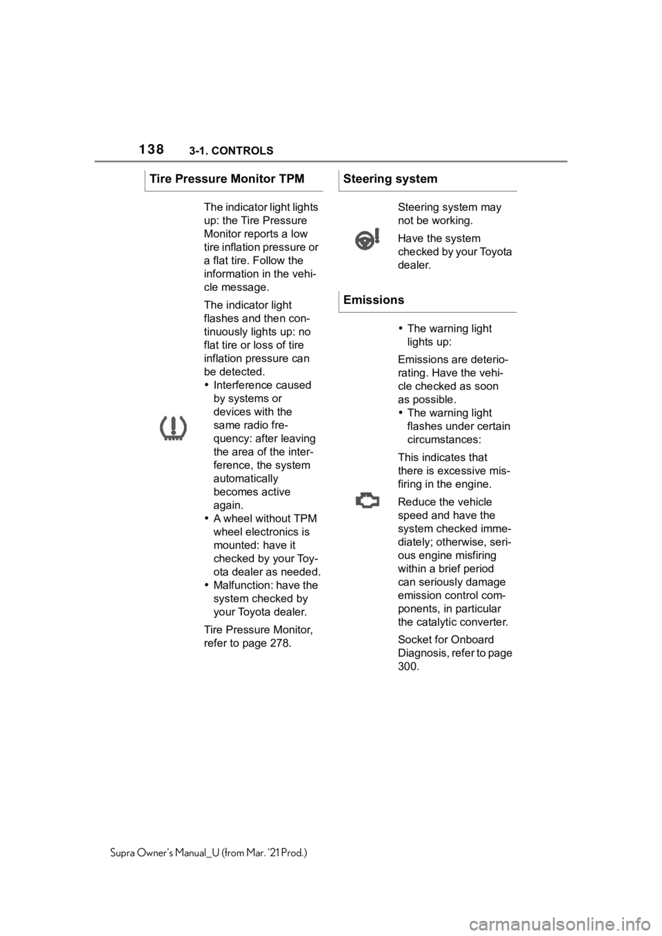 TOYOTA SUPRA 2021 Owners Manual (in English) 1383-1. CONTROLS
Supra Owners Manual_U (from Mar. 21 Prod.)
Tire Pressure Monitor TPM
The indicator light lights
up: the Tire Pressure
Monitor reports a low
tire inflation pressure or
a flat tir TOYOTA SUPRA 2021 Owners Manual (in English) 1383-1. CONTROLS
Supra Owners Manual_U (from Mar. 21 Prod.)
Tire Pressure Monitor TPM
The indicator light lights
up: the Tire Pressure
Monitor reports a low
tire inflation pressure or
a flat tir