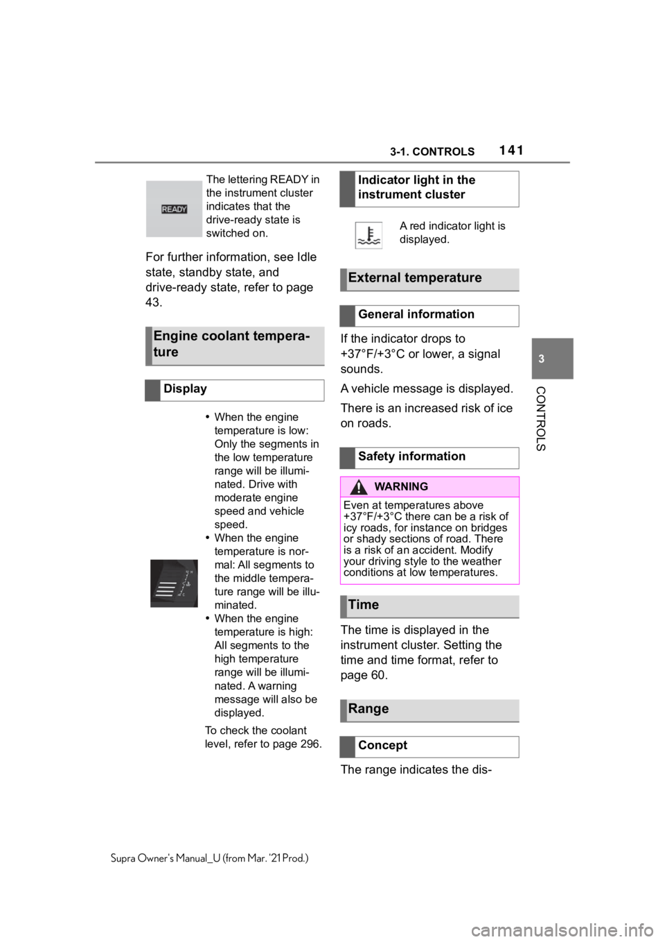 TOYOTA SUPRA 2021  Owners Manual (in English) 1413-1. CONTROLS
3
CONTROLS
Supra Owners Manual_U (from Mar. 21 Prod.)
For further information, see Idle 
state, standby state, and 
drive-ready state, refer to page 
43.
If the indicator drops to 

