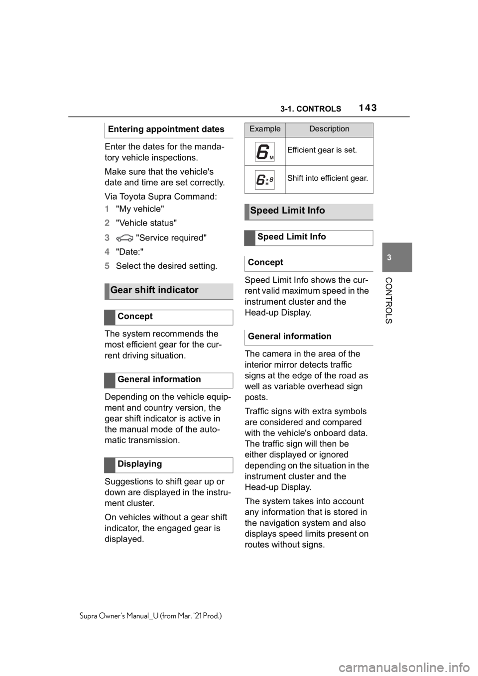 TOYOTA SUPRA 2021  Owners Manual (in English) 1433-1. CONTROLS
3
CONTROLS
Supra Owners Manual_U (from Mar. 21 Prod.)
Enter the dates for the manda-
tory vehicle inspections.
Make sure that the vehicle's 
date and time are set correctly.
Via
