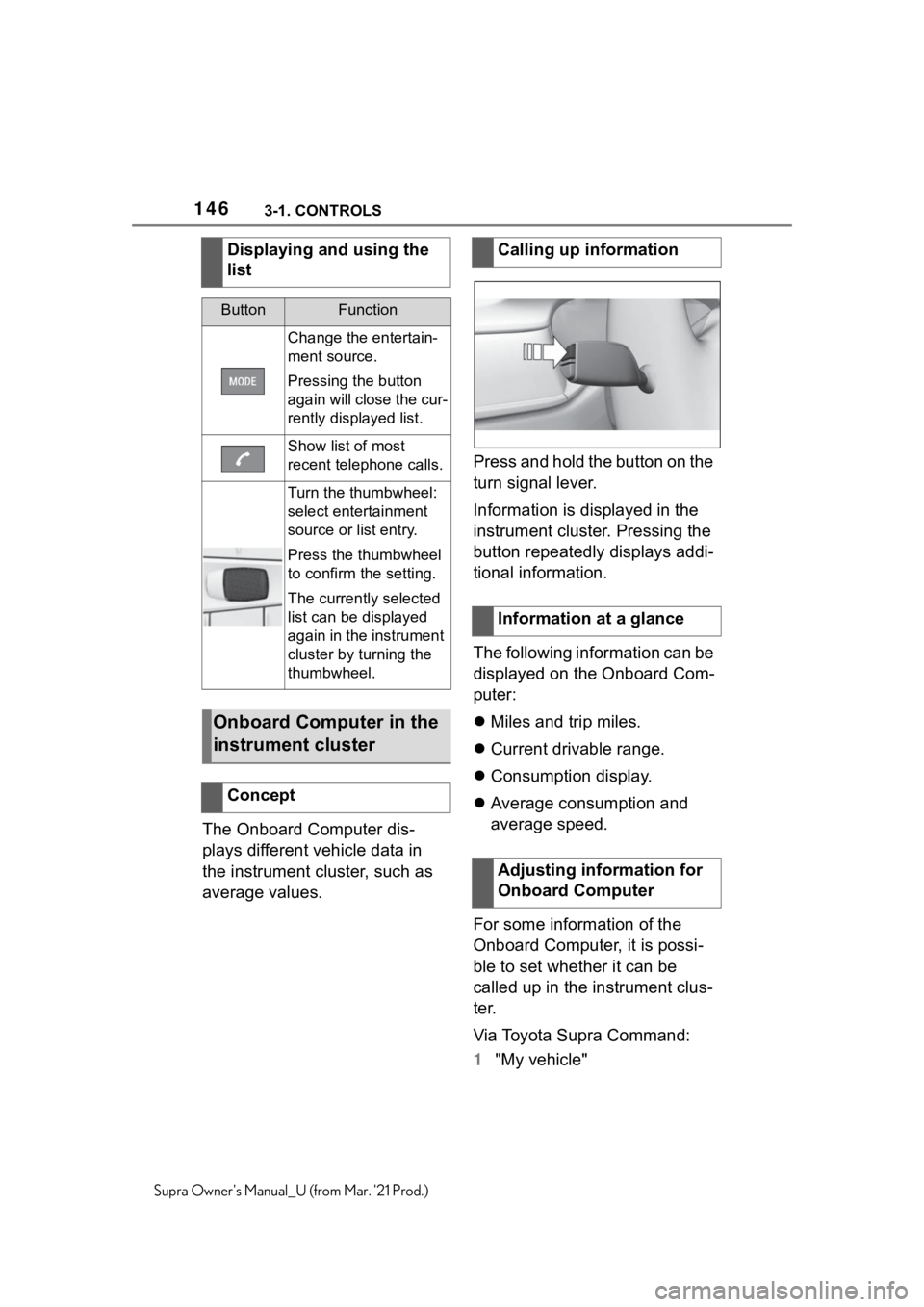 TOYOTA SUPRA 2021  Owners Manual (in English) 1463-1. CONTROLS
Supra Owners Manual_U (from Mar. 21 Prod.)
The Onboard Computer dis-
plays different vehicle data in 
the instrument cluster, such as 
average values.Press and hold the button on th