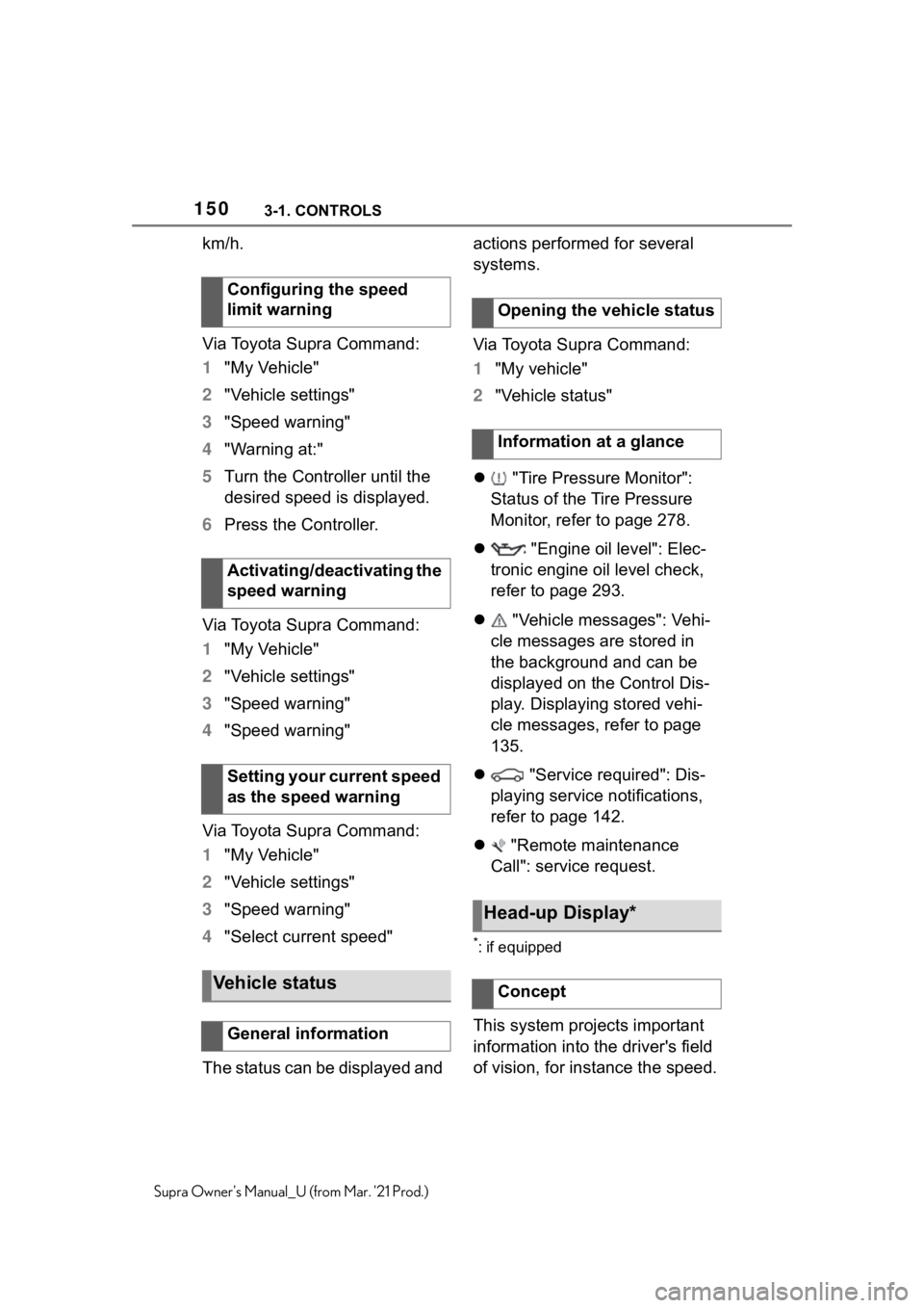 TOYOTA SUPRA 2021  Owners Manual (in English) 1503-1. CONTROLS
Supra Owners Manual_U (from Mar. 21 Prod.)
km/h.
Via Toyota Supra Command:
1"My Vehicle"
2"Vehicle settings"
3"Speed warning"
4"Warning at:"
5Turn th