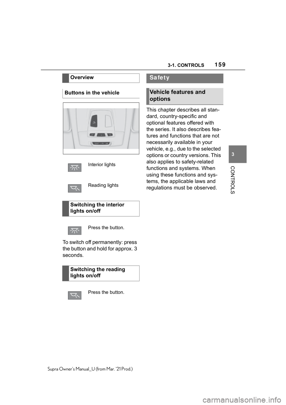 TOYOTA SUPRA 2021  Owners Manual (in English) 1593-1. CONTROLS
3
CONTROLS
Supra Owners Manual_U (from Mar. 21 Prod.)
To switch off permanently: press 
the button and hold for approx. 3 
seconds.This chapter describes all stan-
dard, country-spe