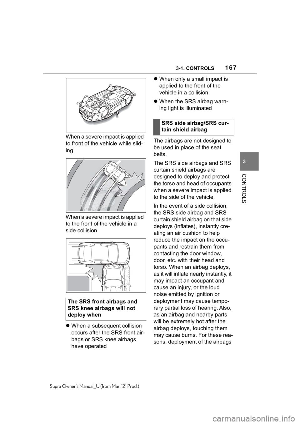 TOYOTA SUPRA 2021  Owners Manual (in English) 1673-1. CONTROLS
3
CONTROLS
Supra Owners Manual_U (from Mar. 21 Prod.)
When a severe impact is applied 
to front of the vehicle while slid-
ing
When a severe impact is applied 
to the front of the v