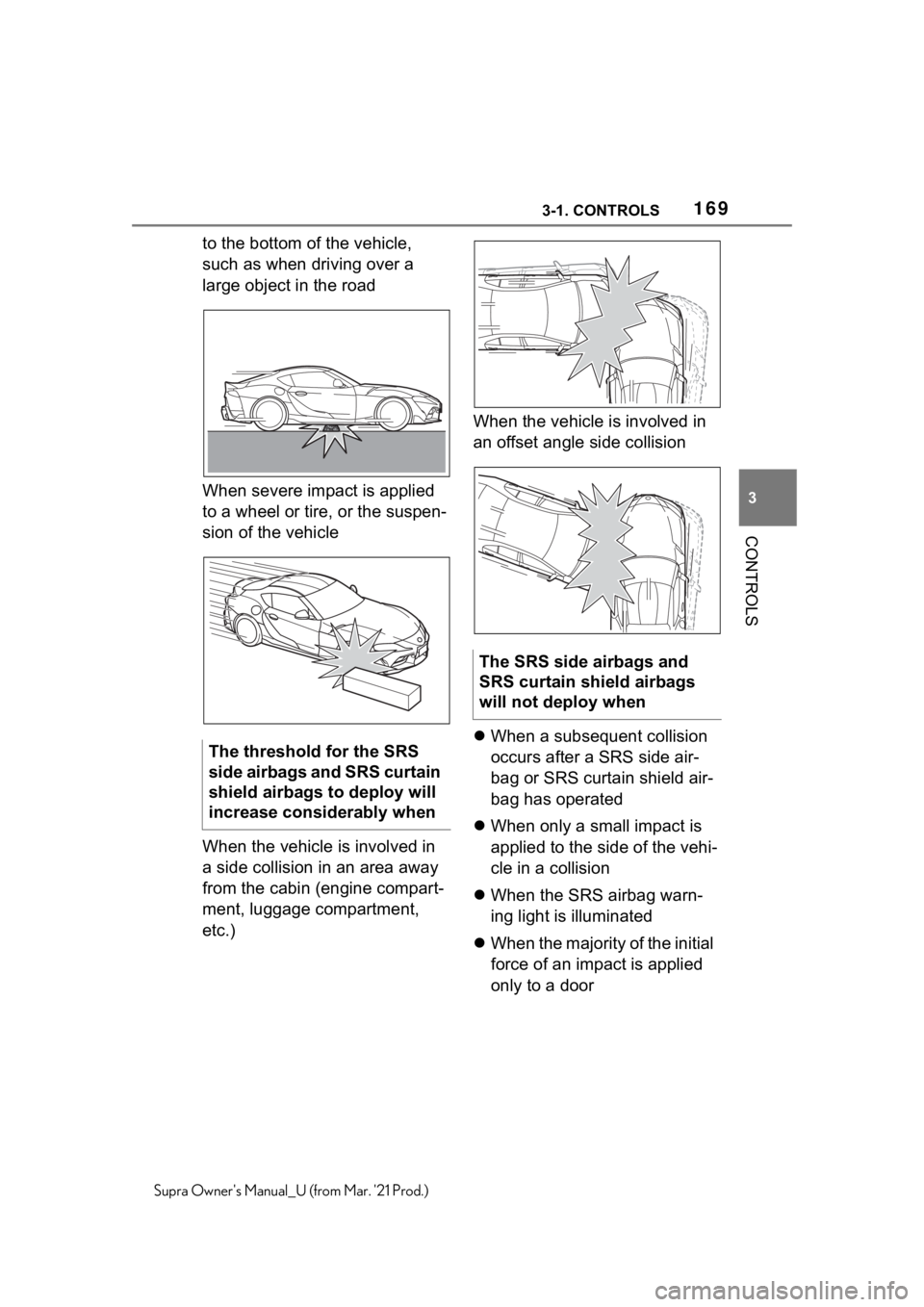 TOYOTA SUPRA 2021  Owners Manual (in English) 1693-1. CONTROLS
3
CONTROLS
Supra Owners Manual_U (from Mar. 21 Prod.)
to the bottom of the vehicle, 
such as when driving over a 
large object in the road
When severe impact is applied 
to a wheel 