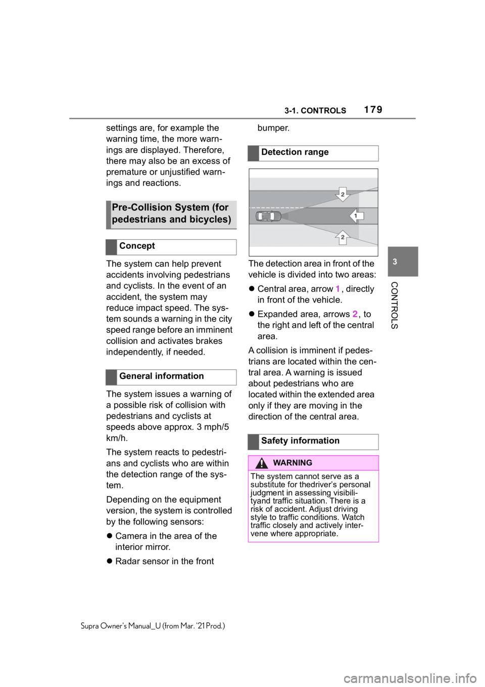 TOYOTA SUPRA 2021  Owners Manual (in English) 1793-1. CONTROLS
3
CONTROLS
Supra Owners Manual_U (from Mar. 21 Prod.)
settings are, for example the 
warning time, the more warn-
ings are displayed. Therefore, 
there may also be an excess of 
pre