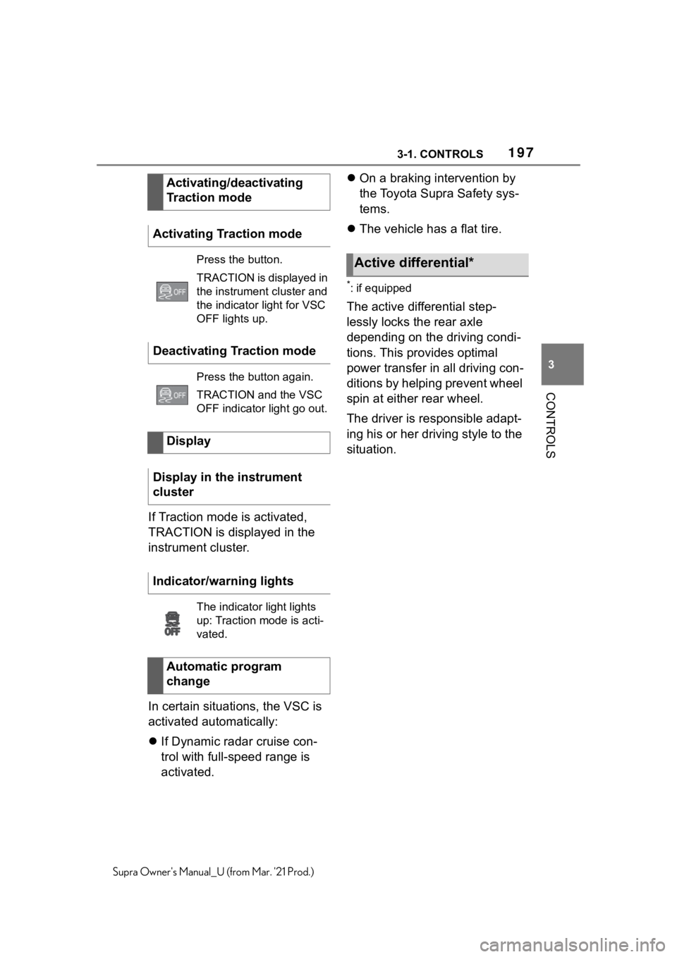 TOYOTA SUPRA 2021  Owners Manual (in English) 1973-1. CONTROLS
3
CONTROLS
Supra Owners Manual_U (from Mar. 21 Prod.)
If Traction mode is activated, 
TRACTION is displayed in the 
instrument cluster.
In certain situations, the VSC is 
activated 