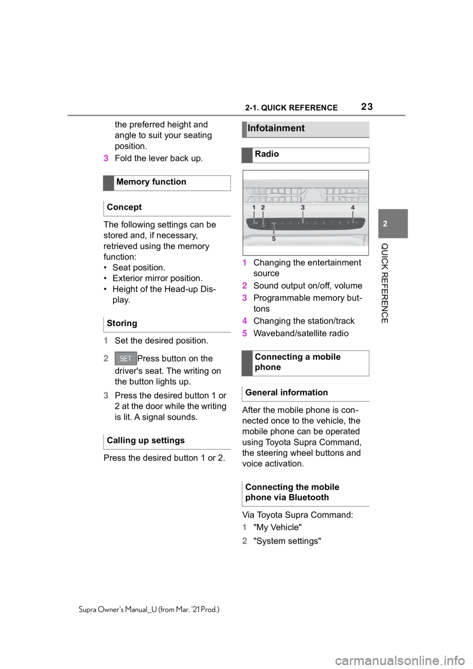 TOYOTA SUPRA 2021   (in English) Owners Manual 232-1. QUICK REFERENCE
2
QUICK REFERENCE
Supra Owners Manual_U (from Mar. 21 Prod.)
the preferred height and 
angle to suit your seating 
position.
3Fold the lever back up.
The following settings ca