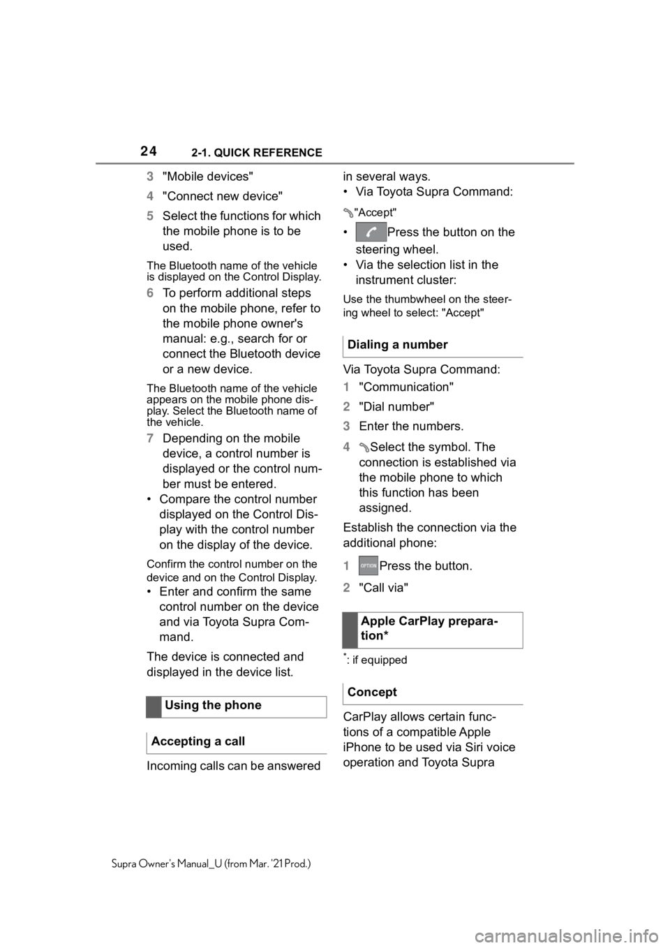 TOYOTA SUPRA 2021   (in English) Owners Manual 242-1. QUICK REFERENCE
Supra Owners Manual_U (from Mar. 21 Prod.)
3"Mobile devices"
4"Connect new device"
5Select the functions for which 
the mobile phone is to be 
used.
The Blueto
