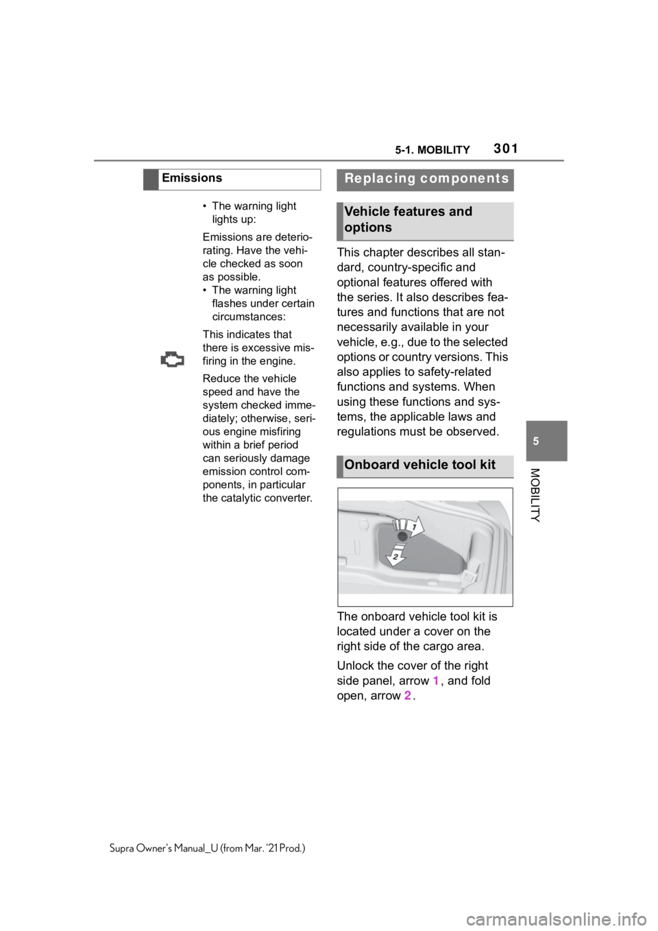TOYOTA SUPRA 2021 Owners Manual (in English) 3015-1. MOBILITY
5
MOBILITY
Supra Owners Manual_U (from Mar. 21 Prod.)
This chapter describes all stan-
dard, country-specific and
optional features offered with
the series. It also describes fea- TOYOTA SUPRA 2021 Owners Manual (in English) 3015-1. MOBILITY
5
MOBILITY
Supra Owners Manual_U (from Mar. 21 Prod.)
This chapter describes all stan-
dard, country-specific and
optional features offered with
the series. It also describes fea-