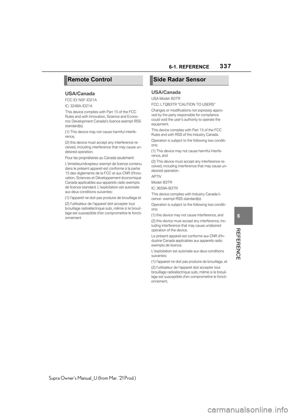 TOYOTA SUPRA 2021 Owners Manual (in English) 3376-1. REFERENCE
6
REFERENCE
Supra Owners Manual_U (from Mar. 21 Prod.)
Remote ControlSide Radar Sensor TOYOTA SUPRA 2021 Owners Manual (in English) 3376-1. REFERENCE
6
REFERENCE
Supra Owners Manual_U (from Mar. 21 Prod.)
Remote ControlSide Radar Sensor