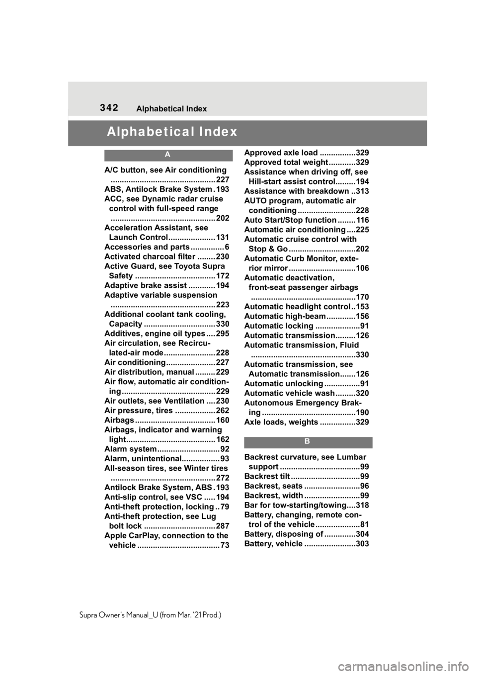 TOYOTA SUPRA 2021  Owners Manual (in English) 342Alphabetical Index
Supra Owners Manual_U (from Mar. 21 Prod.)
Alphabetical Index
A
A/C button, see Air conditioning
............................................... 227
ABS, Antilock Brake System 