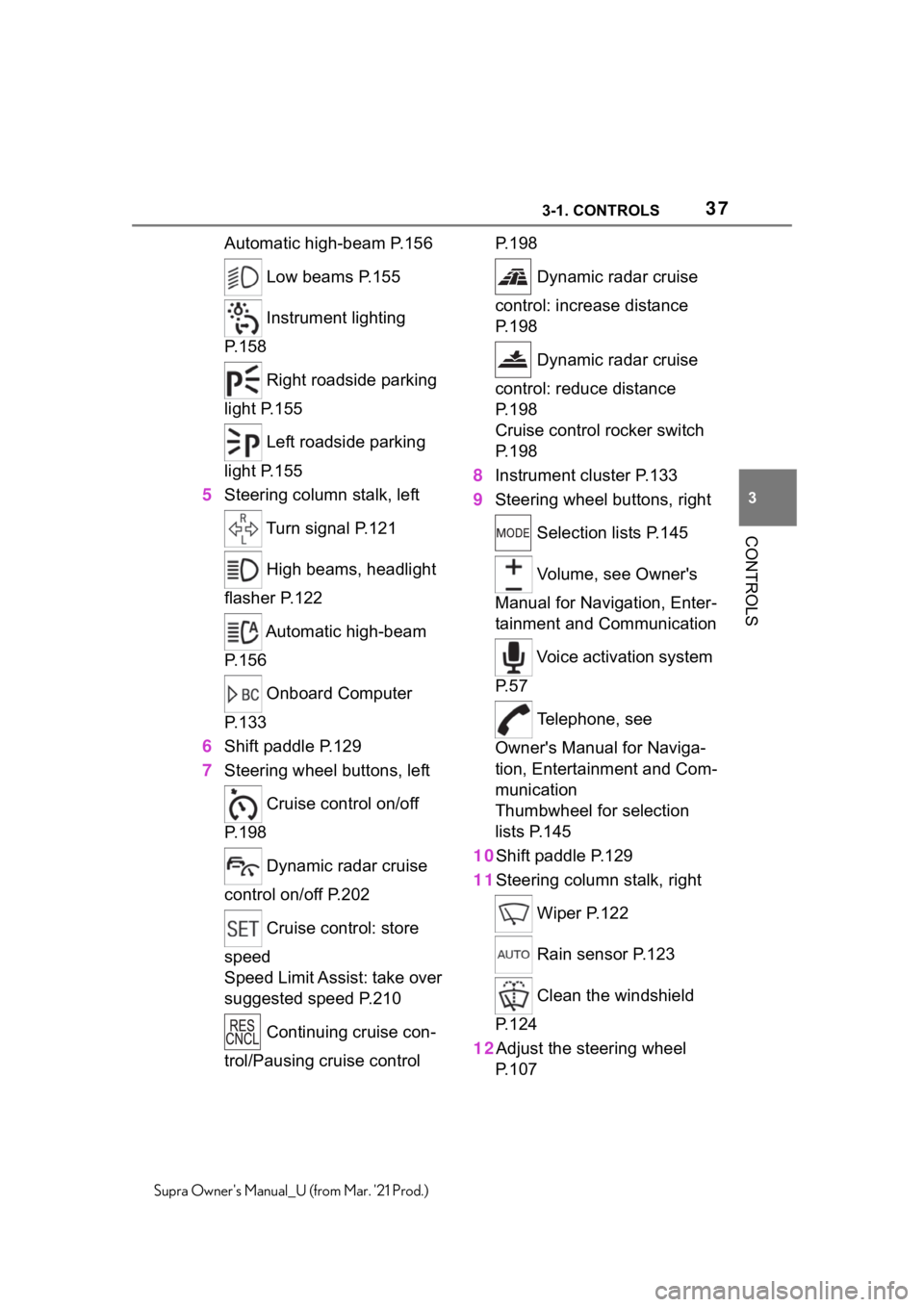 TOYOTA SUPRA 2021  Owners Manual (in English) 373-1. CONTROLS
3
CONTROLS
Supra Owners Manual_U (from Mar. 21 Prod.)
Automatic high-beam P.156
 Low beams P.155
 Instrument lighting 
P.158
 Right roadside parking 
light P.155
 Left roadside parki