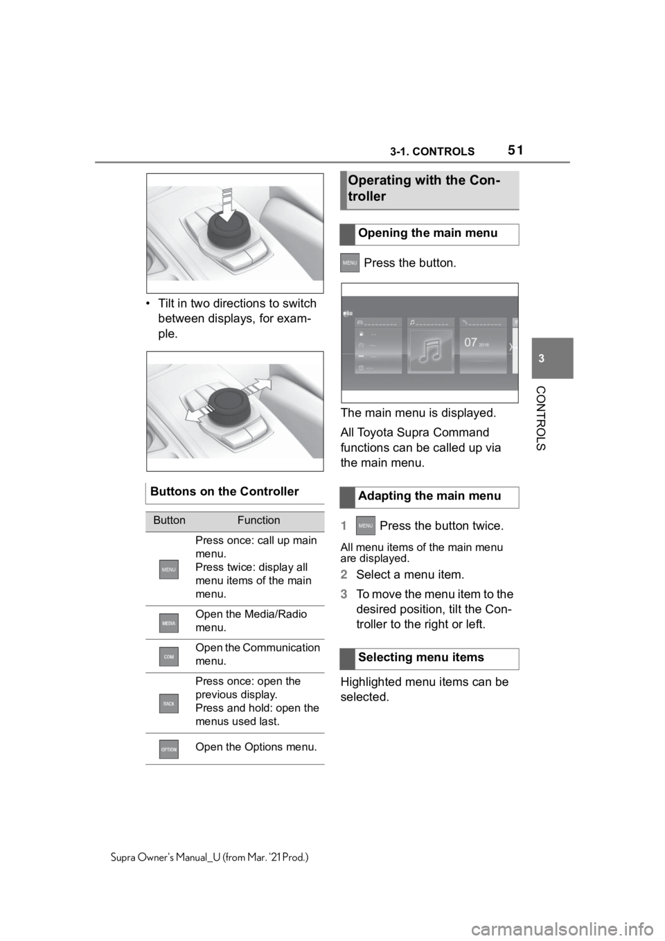 TOYOTA SUPRA 2021   (in English) Workshop Manual 513-1. CONTROLS
3
CONTROLS
Supra Owners Manual_U (from Mar. 21 Prod.)
• Tilt in two directions to switch 
between displays, for exam-
ple. Press the button.
The main menu is displayed.
All Toyota 