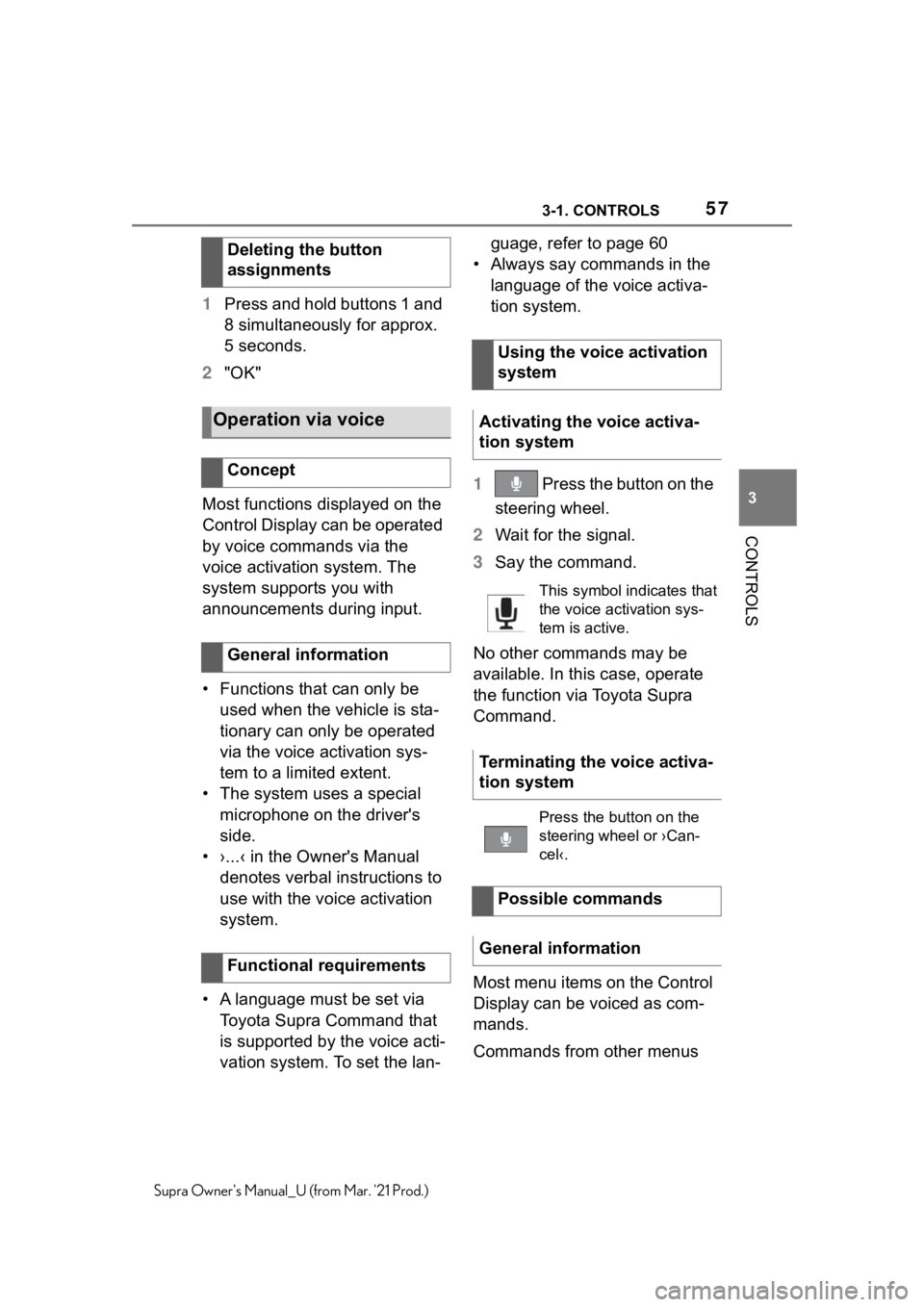 TOYOTA SUPRA 2021   (in English) Workshop Manual 573-1. CONTROLS
3
CONTROLS
Supra Owners Manual_U (from Mar. 21 Prod.)
1Press and hold buttons 1 and 
8 simultaneously for approx. 
5 seconds.
2"OK"
Most functions displayed on the 
Control D