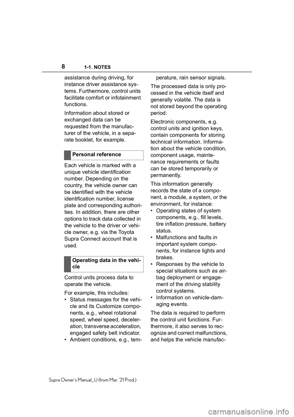 TOYOTA SUPRA 2021  Owners Manual (in English) 81-1. NOTES
Supra Owners Manual_U (from Mar. 21 Prod.)
assistance during driving, for 
instance driver assistance sys-
tems. Furthermore, control units 
facilitate comfort or infotainment 
functions