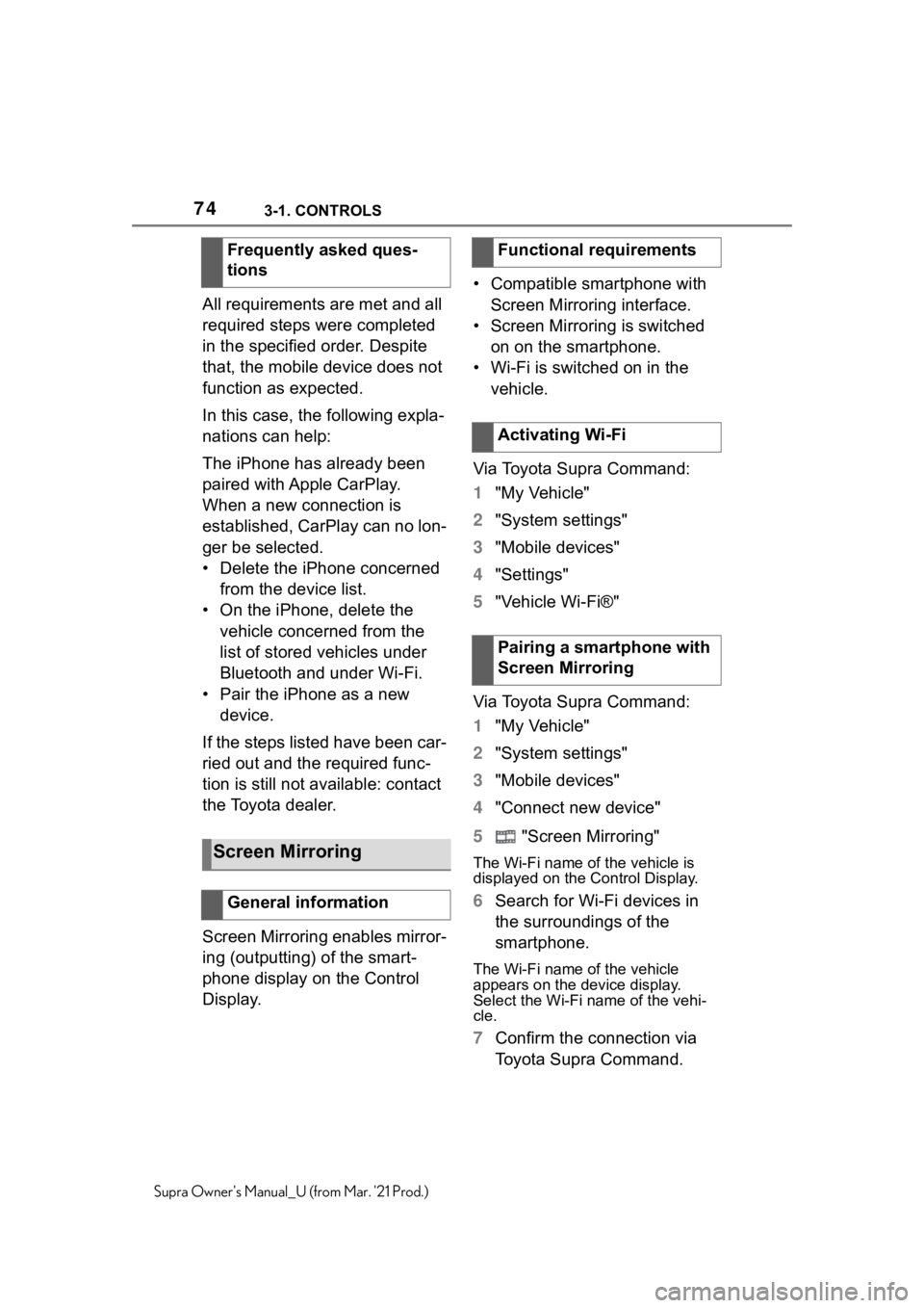 TOYOTA SUPRA 2021   (in English) Manual PDF 743-1. CONTROLS
Supra Owners Manual_U (from Mar. 21 Prod.)
All requirements are met and all 
required steps were completed 
in the specified order. Despite 
that, the mobile device does not 
functio