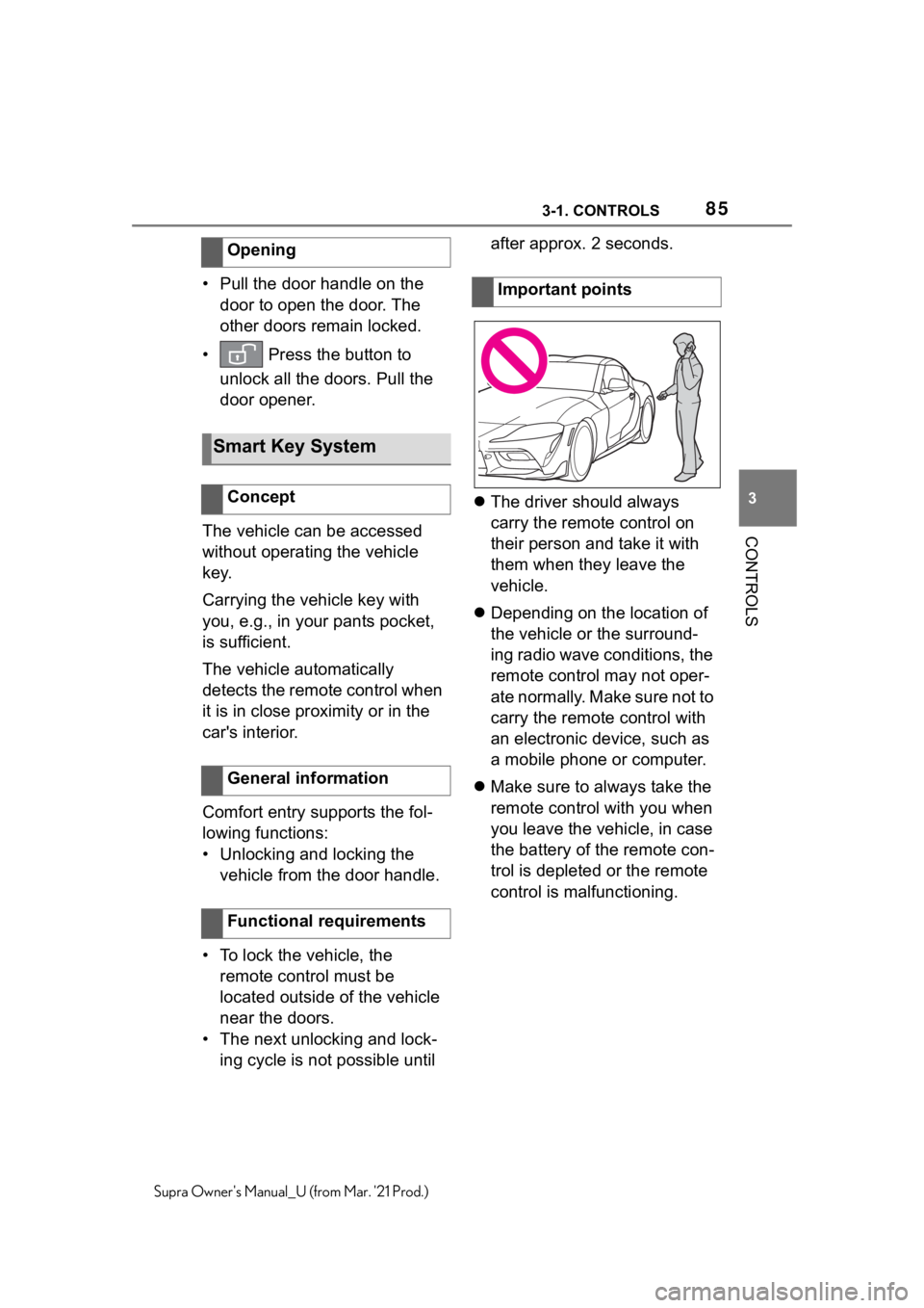 TOYOTA SUPRA 2021   (in English) Manual Online 853-1. CONTROLS
3
CONTROLS
Supra Owners Manual_U (from Mar. 21 Prod.)
• Pull the door handle on the 
door to open the door. The 
other doors remain locked.
•  Press the button to 
unlock all the