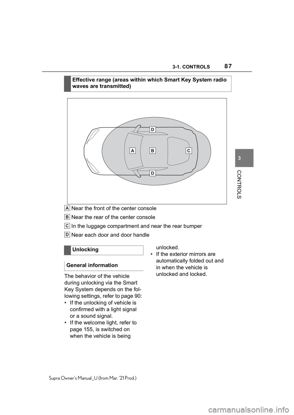 TOYOTA SUPRA 2021   (in English) Manual Online 873-1. CONTROLS
3
CONTROLS
Supra Owners Manual_U (from Mar. 21 Prod.)
Near the front of the center console
Near the rear of the center console
In the luggage compartment and near the rear bumper
Nea