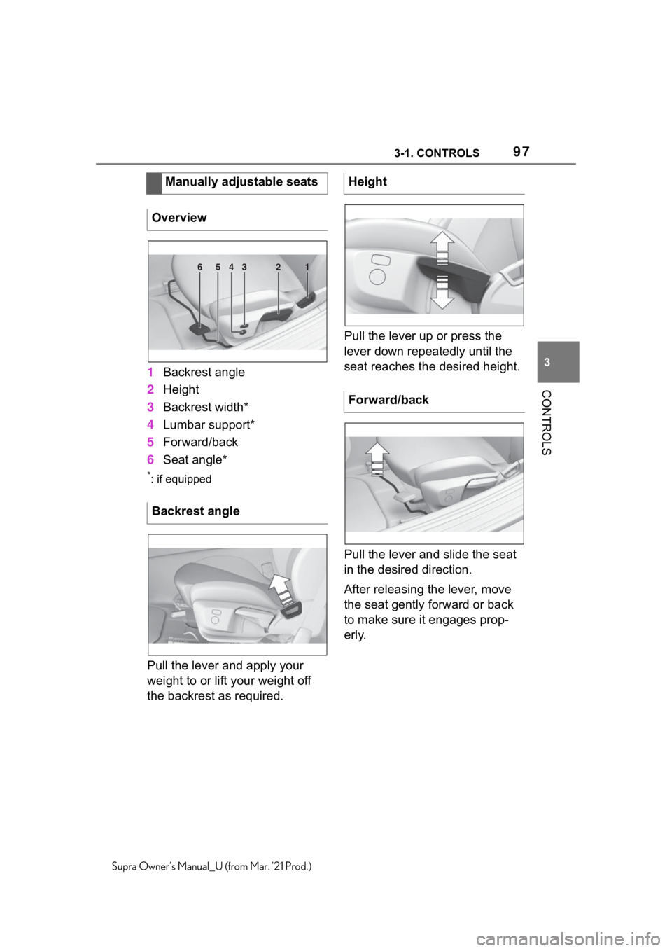 TOYOTA SUPRA 2021  Owners Manual (in English) 973-1. CONTROLS
3
CONTROLS
Supra Owners Manual_U (from Mar. 21 Prod.)
1Backrest angle
2Height
3Backrest width*
4Lumbar support*
5Forward/back
6Seat angle*
*: if equipped
Pull the lever and apply you