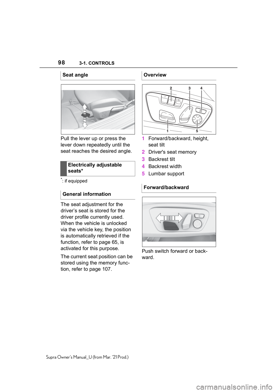 TOYOTA SUPRA 2021  Owners Manual (in English) 983-1. CONTROLS
Supra Owners Manual_U (from Mar. 21 Prod.)
Pull the lever up or press the 
lever down repeatedly until the 
seat reaches the desired angle.
*: if equipped
The seat adjustment for the