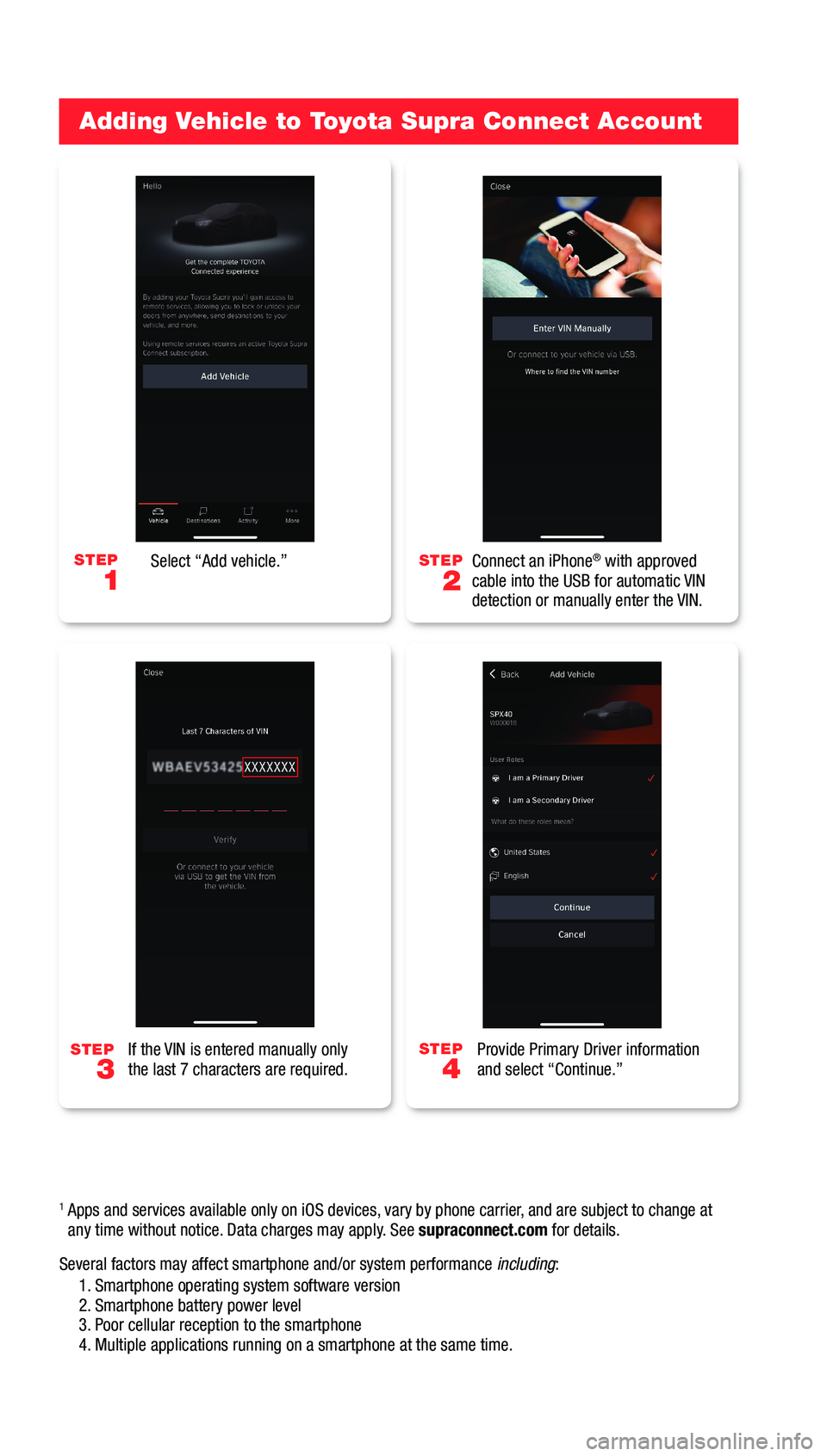 TOYOTA SUPRA 2021 Accessories, Audio & Navigation (in English) Adding Vehicle to Toyota Supra Connect Account
Select “Add vehicle.”
If the VIN is entered manually only
the last 7 characters are required. Connect an iPhone® with approved
cable into the USB TOYOTA SUPRA 2021 Accessories, Audio & Navigation (in English) Adding Vehicle to Toyota Supra Connect Account
Select “Add vehicle.”
If the VIN is entered manually only
the last 7 characters are required. Connect an iPhone® with approved
cable into the USB