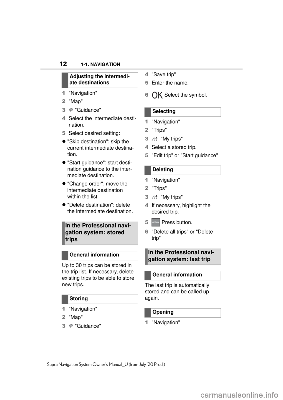 TOYOTA SUPRA 2021 Accessories, Audio & Navigation (in English) 121-1. NAVIGATION
Supra Navigation System Owner’s Manual_U (from July ’20 Prod.)
1"Navigation"
2 "Map"
3 "Guidance"
4 Select the intermediate desti-
nation.
5 Select desired setting:
"Skip de TOYOTA SUPRA 2021 Accessories, Audio & Navigation (in English) 121-1. NAVIGATION
Supra Navigation System Owner’s Manual_U (from July ’20 Prod.)
1"Navigation"
2 "Map"
3 "Guidance"
4 Select the intermediate desti-
nation.
5 Select desired setting:
"Skip de