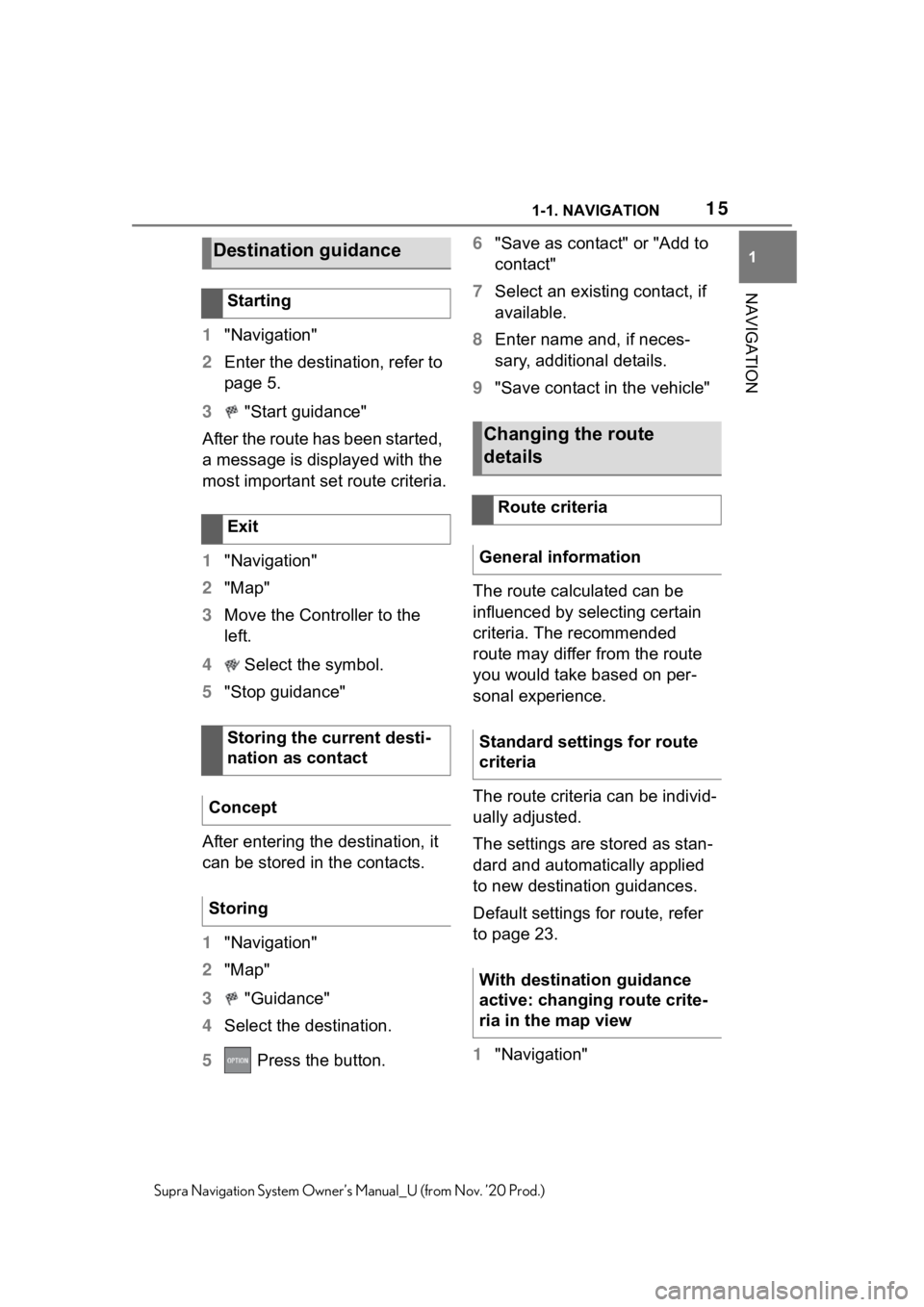 TOYOTA SUPRA 2021  Accessories, Audio & Navigation (in English) 151-1. NAVIGATION
1
NAVIGATION
Supra Navigation System Owner’s Manual_U (from Nov. ’20 Prod.)
1"Navigation"
2 Enter the destination, refer to 
page 5.
3  "Start guidance"
After the