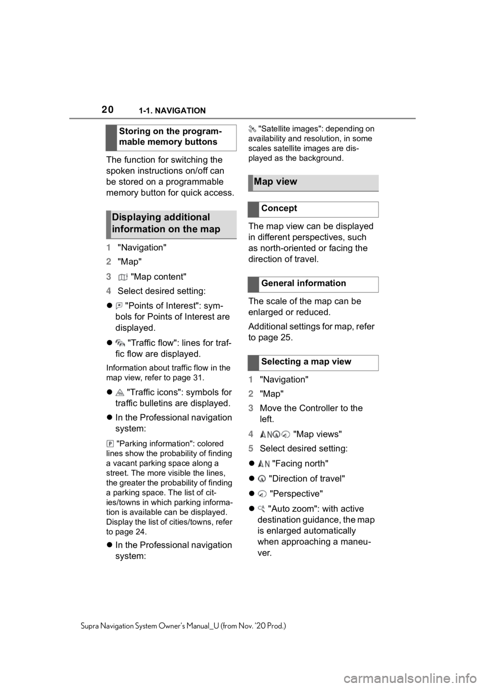 TOYOTA SUPRA 2021  Accessories, Audio & Navigation (in English) 201-1. NAVIGATION
Supra Navigation System Owner’s Manual_U (from Nov. ’20 Prod.)
The function for switching the 
spoken instructions on/off can 
be stored on a programmable 
memory button for quic