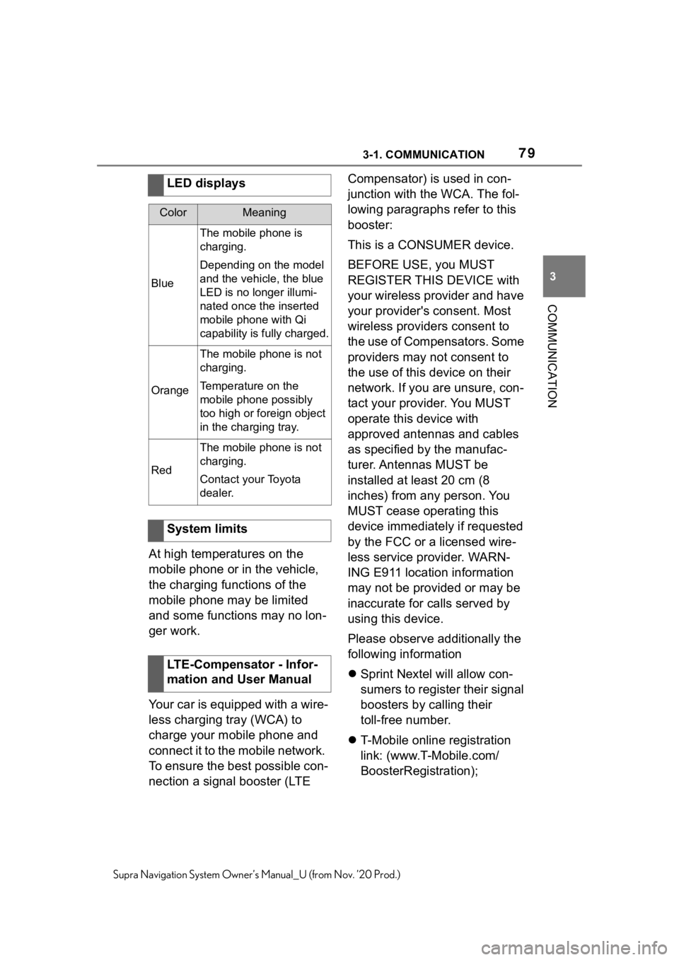 TOYOTA SUPRA 2021 Accessories, Audio & Navigation (in English) 793-1. COMMUNICATION
3
COMMUNICATION
Supra Navigation System Owner’s Manual_U (from Nov. ’20 Prod.)
At high temperatures on the
mobile phone or in the vehicle,
the charging functions of the
mob TOYOTA SUPRA 2021 Accessories, Audio & Navigation (in English) 793-1. COMMUNICATION
3
COMMUNICATION
Supra Navigation System Owner’s Manual_U (from Nov. ’20 Prod.)
At high temperatures on the
mobile phone or in the vehicle,
the charging functions of the
mob