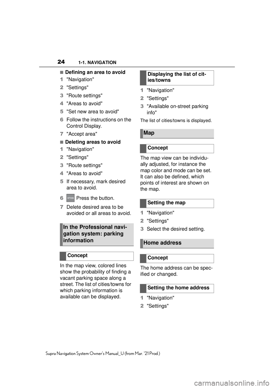 TOYOTA SUPRA 2021 Accessories, Audio & Navigation (in English) 241-1. NAVIGATION
Supra Navigation System Owner’s Manual_U (from Mar. ’21 Prod.)
■Defining an area to avoid
1 "Navigation"
2 "Settings"
3 "Route settings"
4 "Areas to avoid"
5 "Set new area to a TOYOTA SUPRA 2021 Accessories, Audio & Navigation (in English) 241-1. NAVIGATION
Supra Navigation System Owner’s Manual_U (from Mar. ’21 Prod.)
■Defining an area to avoid
1 "Navigation"
2 "Settings"
3 "Route settings"
4 "Areas to avoid"
5 "Set new area to a