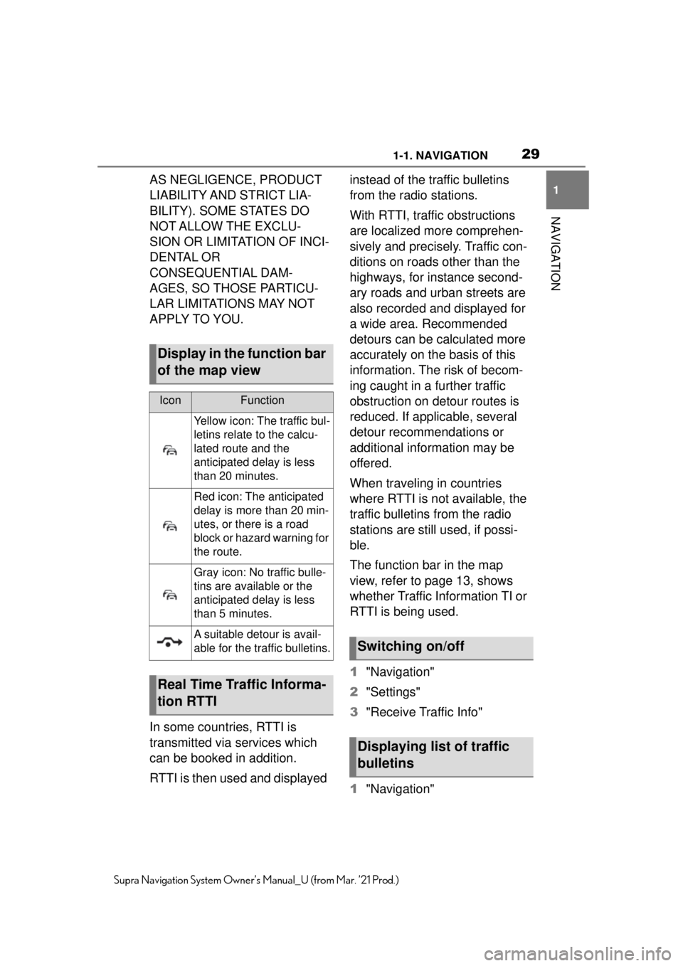 TOYOTA SUPRA 2021 Accessories, Audio & Navigation (in English) 291-1. NAVIGATION
1
NAVIGATION
Supra Navigation System Owner’s Manual_U (from Mar. ’21 Prod.)
AS NEGLIGENCE, PRODUCT
LIABILITY AND STRICT LIA-
BILITY). SOME STATES DO
NOT ALLOW THE EXCLU-
SION TOYOTA SUPRA 2021 Accessories, Audio & Navigation (in English) 291-1. NAVIGATION
1
NAVIGATION
Supra Navigation System Owner’s Manual_U (from Mar. ’21 Prod.)
AS NEGLIGENCE, PRODUCT
LIABILITY AND STRICT LIA-
BILITY). SOME STATES DO
NOT ALLOW THE EXCLU-
SION