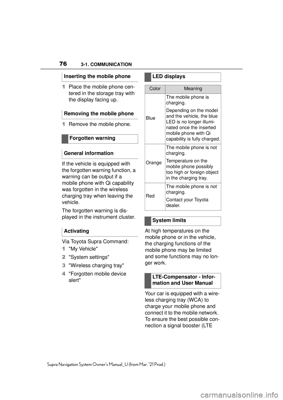 TOYOTA SUPRA 2021  Accessories, Audio & Navigation (in English) 763-1. COMMUNICATION
Supra Navigation System Owner’s Manual_U (from Mar. ’21 Prod.)
1Place the mobile phone cen-
tered in the storage tray with 
the display facing up.
1 Remove the mobile phone.
I