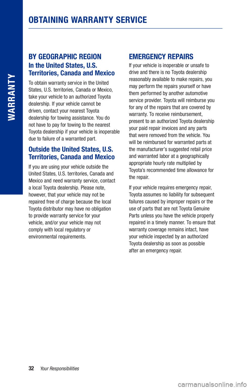 TOYOTA SUPRA 2021  Warranties & Maintenance Guides (in English) 32
OBTAINING WARRANTY SERVICE
 
 
BY GEOGRAPHIC REGION 
In the United States, U.S.  
Territories, Canada and Mexico
To obtain warranty service in the United 
States, U.S. territories, Canada or Mexico TOYOTA SUPRA 2021  Warranties & Maintenance Guides (in English) 32
OBTAINING WARRANTY SERVICE
 
 
BY GEOGRAPHIC REGION 
In the United States, U.S.  
Territories, Canada and Mexico
To obtain warranty service in the United 
States, U.S. territories, Canada or Mexico