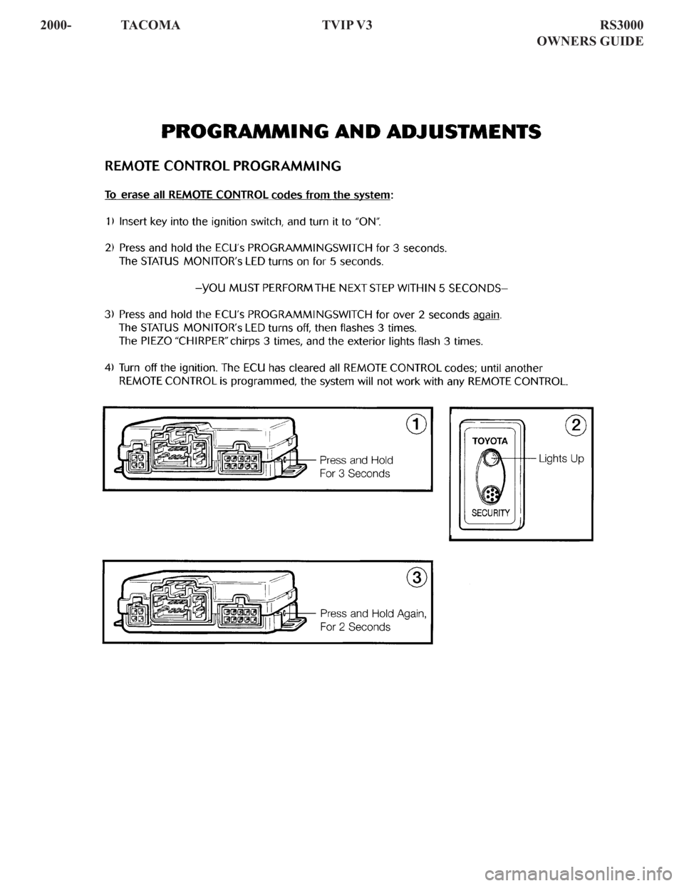 TOYOTA TACOMA 2000 Accessories, Audio & Navigation (in English) 2000- TACOMA TVIP V3 RS3000
OWNERS GUIDE TOYOTA TACOMA 2000 Accessories, Audio & Navigation (in English) 2000- TACOMA TVIP V3 RS3000
OWNERS GUIDE