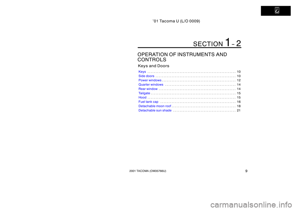 TOYOTA TACOMA 2001   (in English) User Guide ’01 Tacoma U (L/O 0009)
92001 TACOMA (OM35766U)
OPERATION OF INSTRUMENTS AND 
CONTROLS
Keys and Doors
Keys10
. . . . . . . . . . . . . . . . . . . . . . . . . . . . . . . . . . . . .\
 . . . . . . .